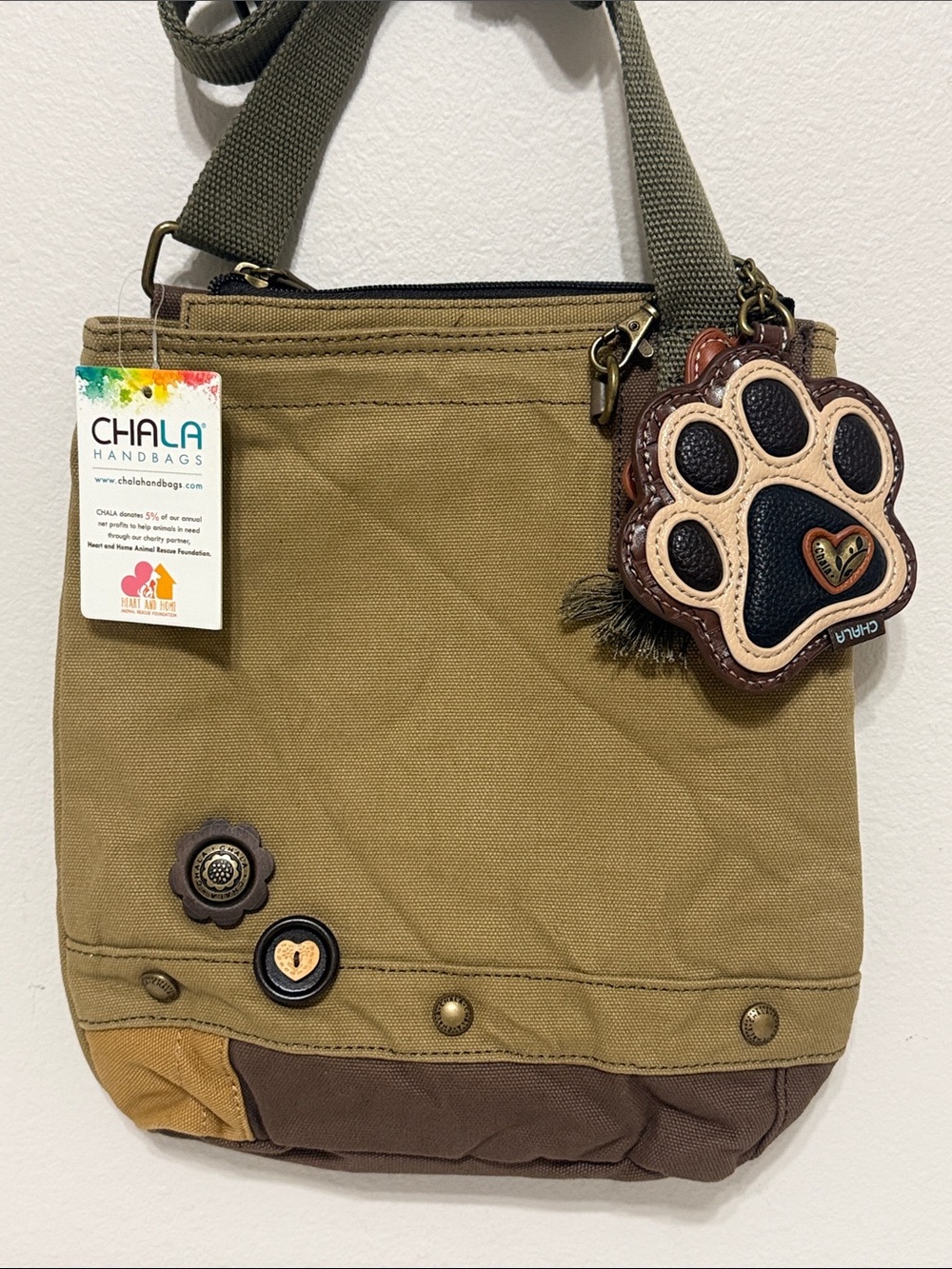 Chala Olive Canvas Crossbody Bag with Paw Charm